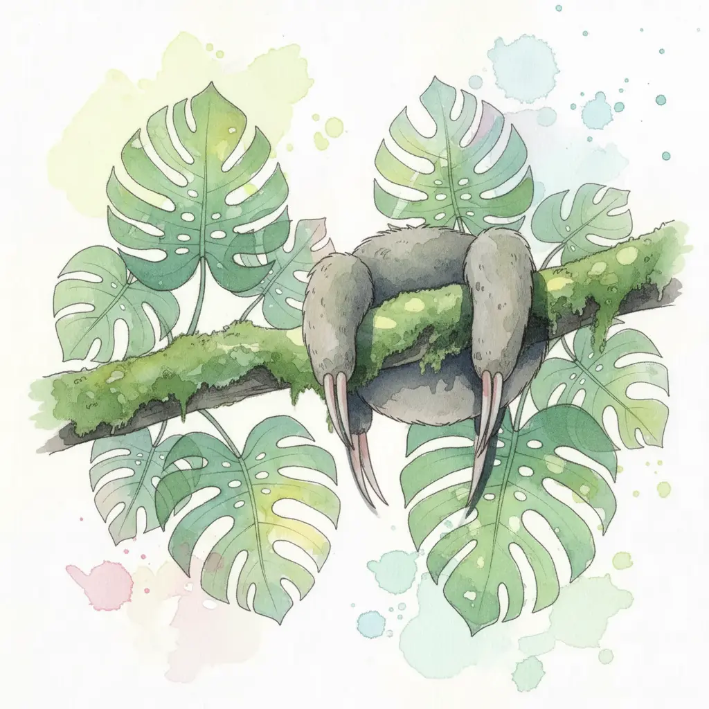 Tres ganchos grises y largos cuelgan de una rama llena de musgo verde.