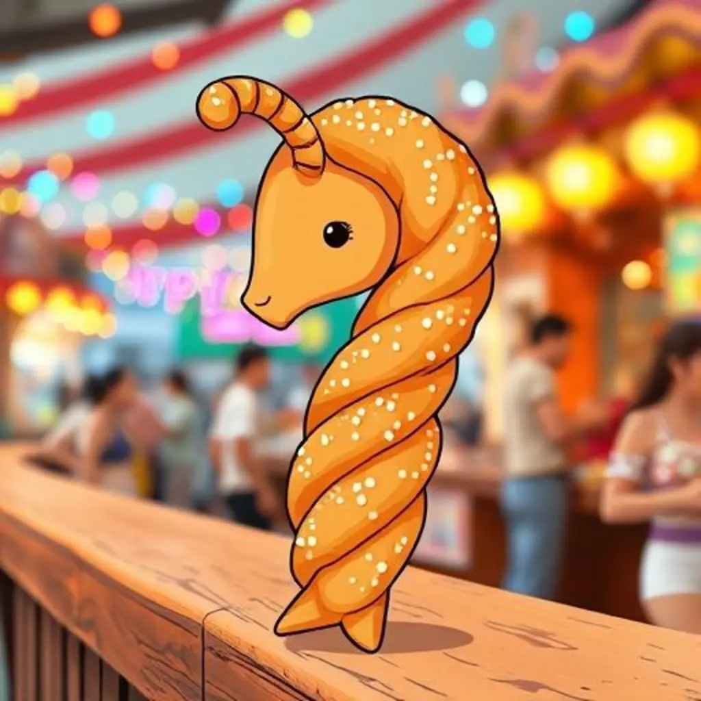 Espirín, un churro feliz y en espiral, de pie en un puesto de feria.