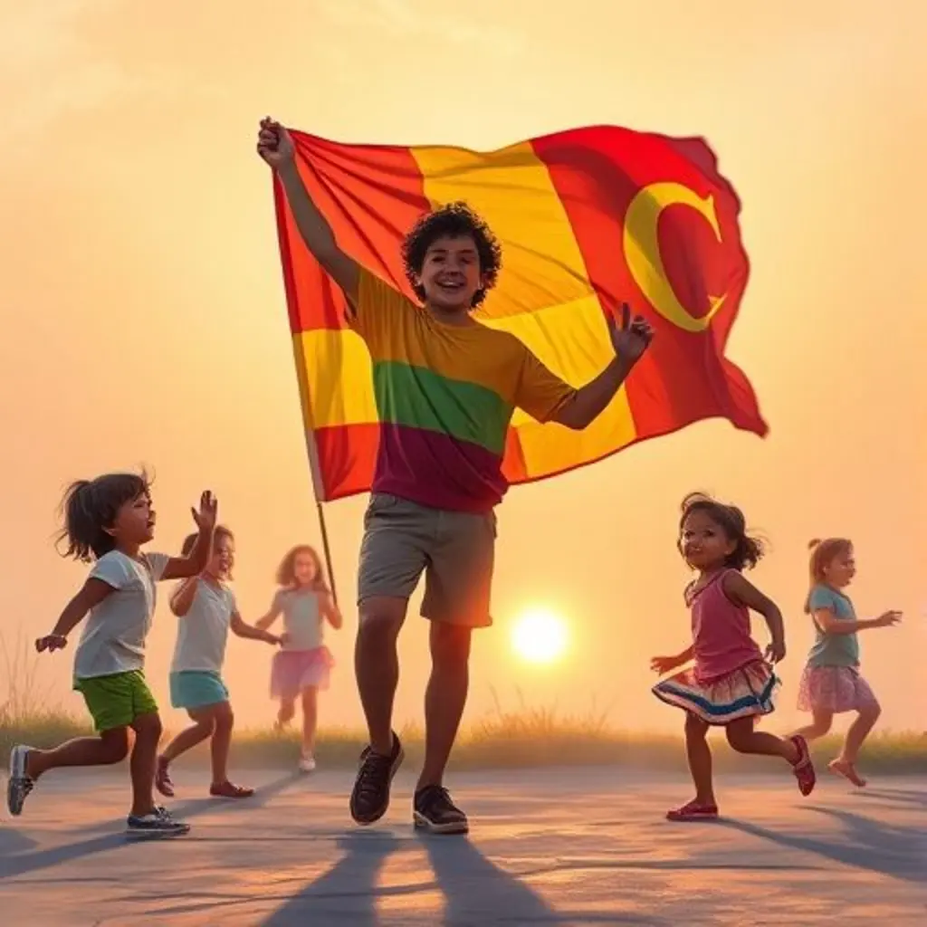 Muchos niños bailan siguiendo las sombras de Banderín al atardecer.