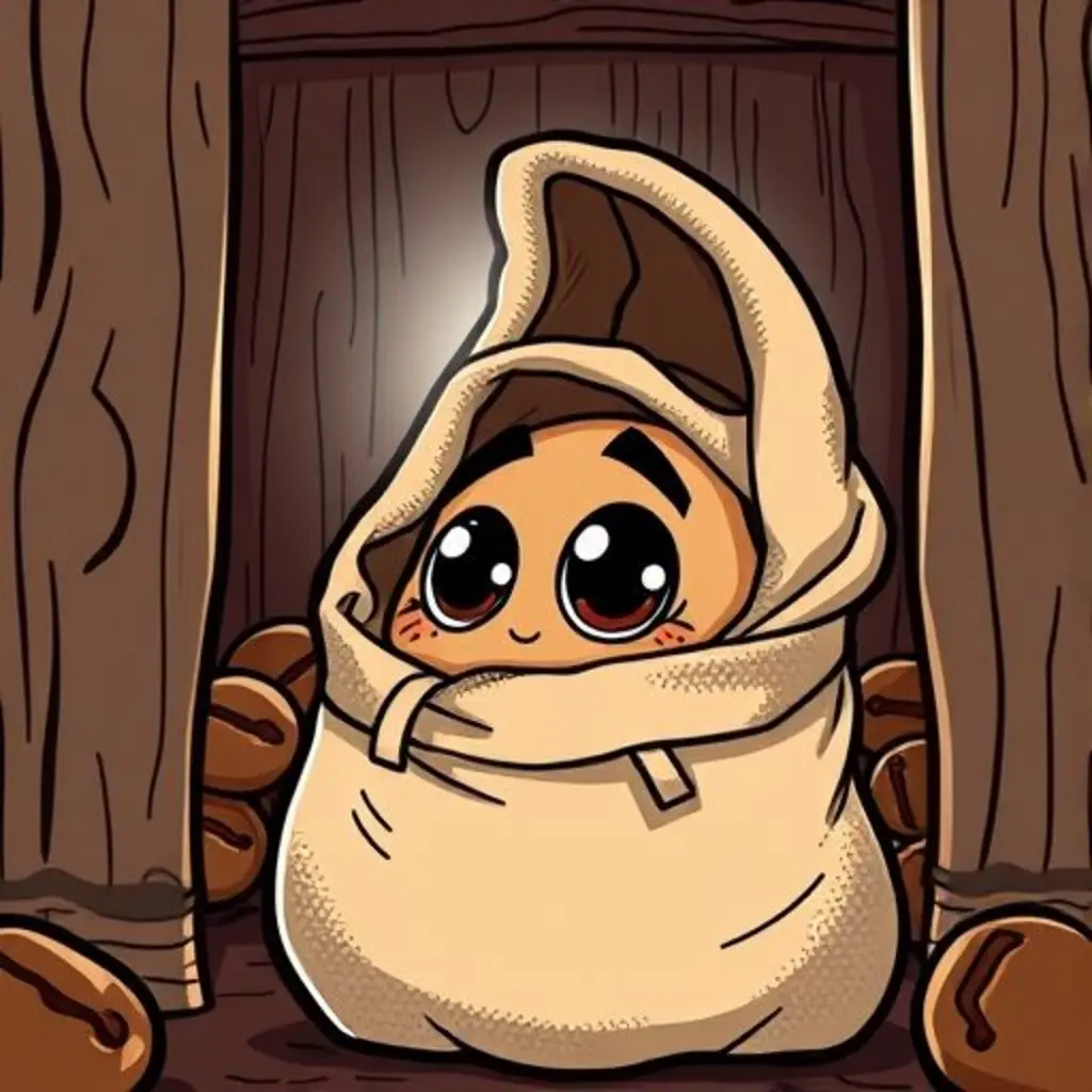 Aromas, un grano de café, dentro de una bolsa de tela en la despensa, mirando curioso.