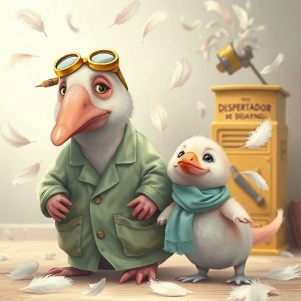 Barnaby lleno de plumas con cara de frustración, mientras Pip sopla las plumas como si fueran hadas. Al fondo, una máquina escupe calcetines.