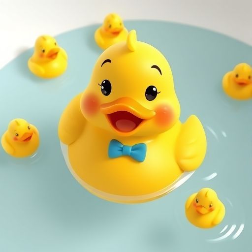 Pío flotando felizmente rodeado de sus amigos juguetes, todos limpios y contentos.