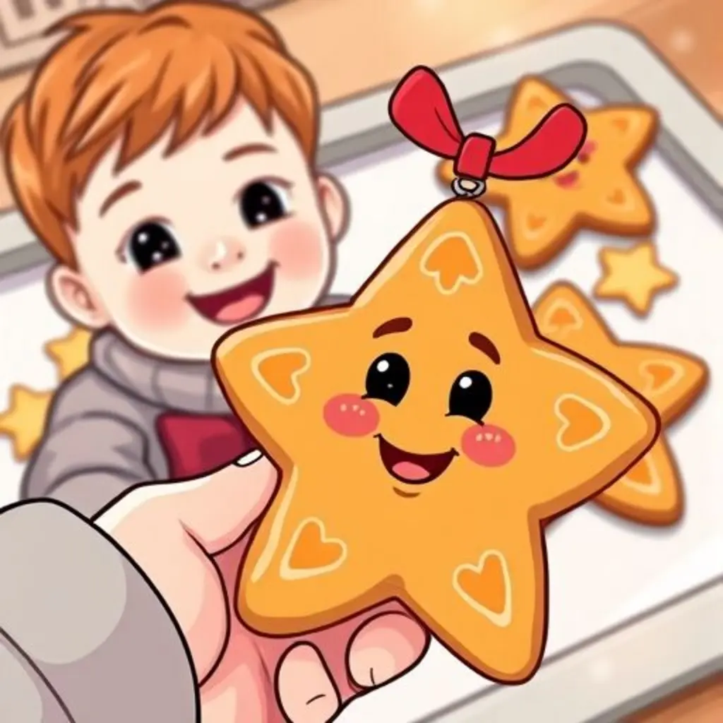 Jengibrín es tomado por la mano de un niño sonriente, y las otras galletas brillan mágicamente en el fondo.