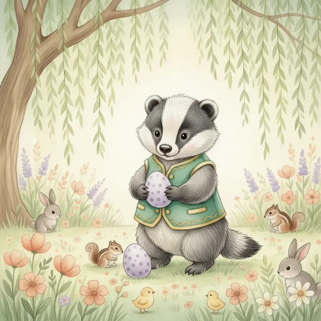 Un pequeño tejón con chaleco verde encuentra un huevo lila bajo un sauce.