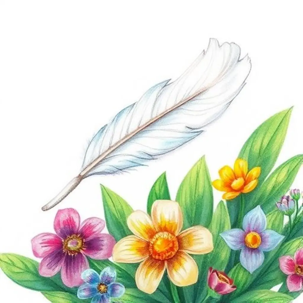 Pluma Suave flotando en el aire sobre hojas y flores.