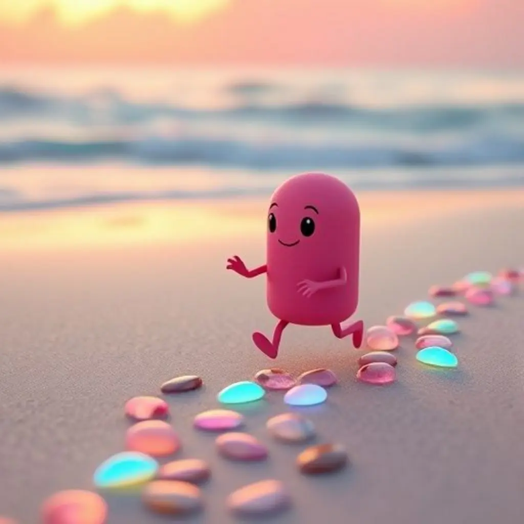 Borrilu caminando por un sendero de piedras luminosas en una playa de ensueño al atardecer.