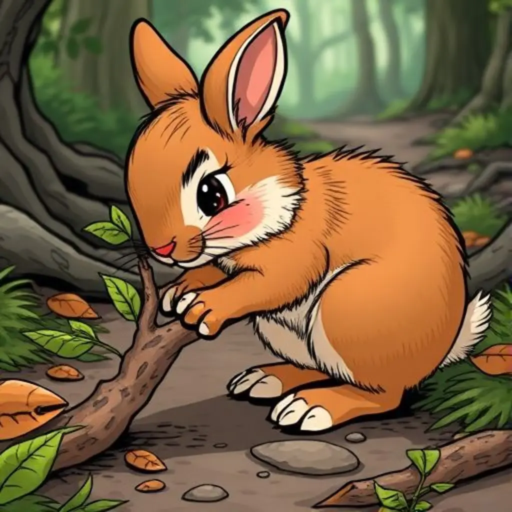 Un conejito pisando suavemente una parte nudosa de Vara, la ramita.