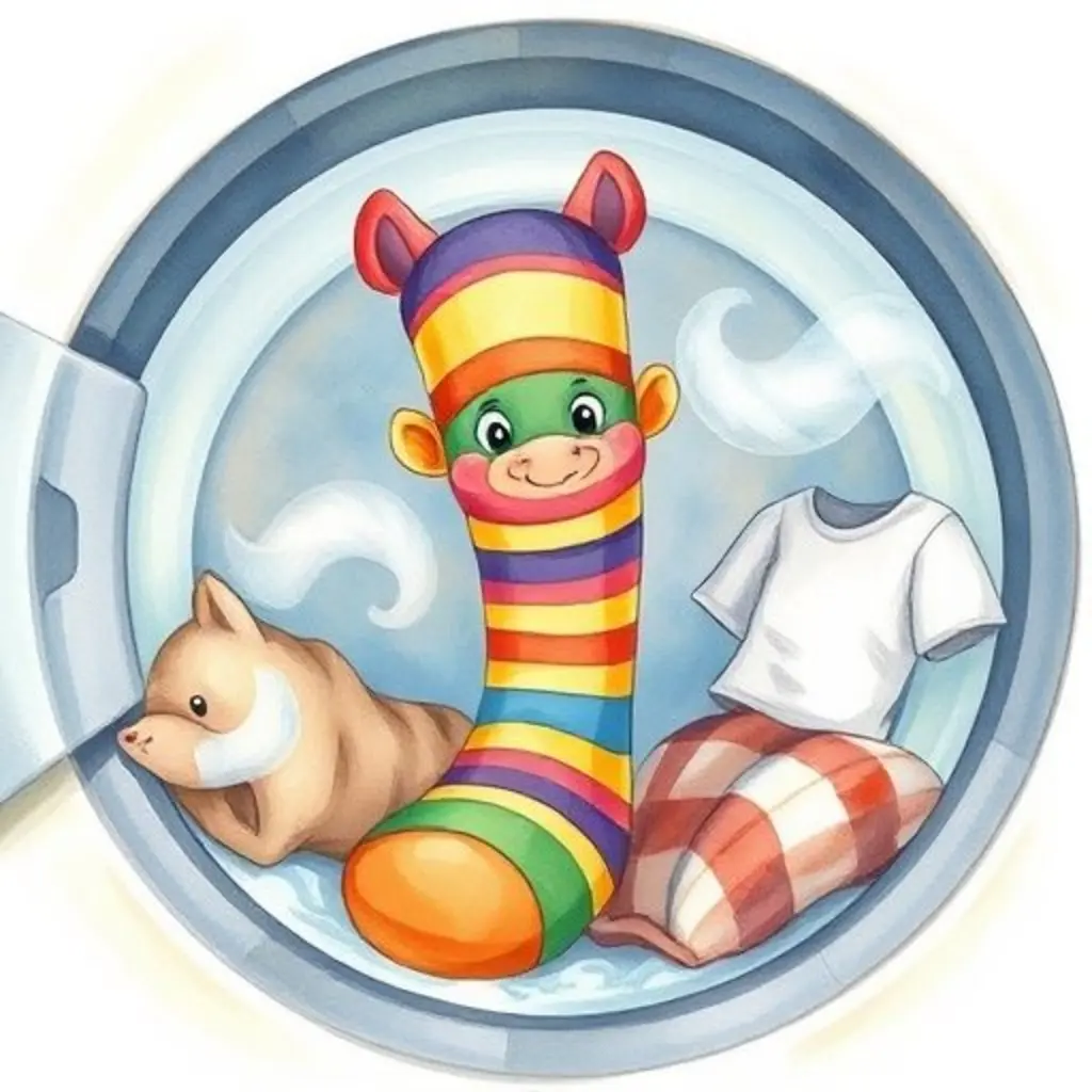 Rayas Locas, un calcetín de rayas, dentro de una lavadora con otras prendas, observando con curiosidad.