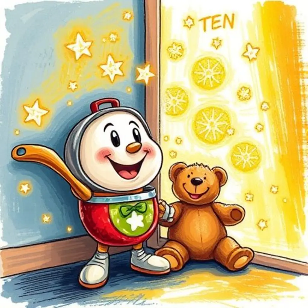 Sartén Chispeante ilumina el rincón oscuro con chispas de luz, haciendo sonreír a Osito Orejitas.