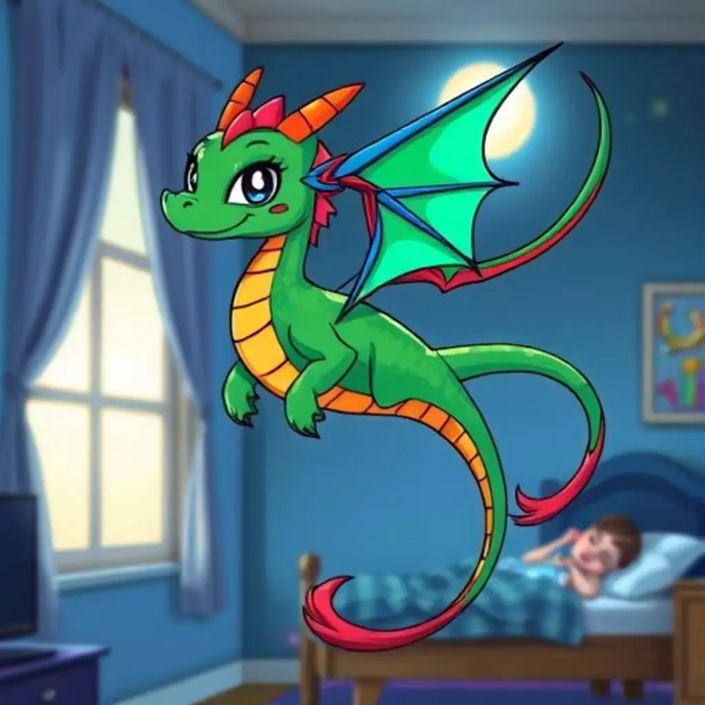 Airela, una cometa dragón, cuelga de la pared de una habitación infantil bajo la luz de la luna.