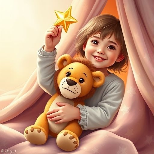 Sofía ayuda a Leo el león de peluche a poner una estrella en la cima de un castillo de mantas.