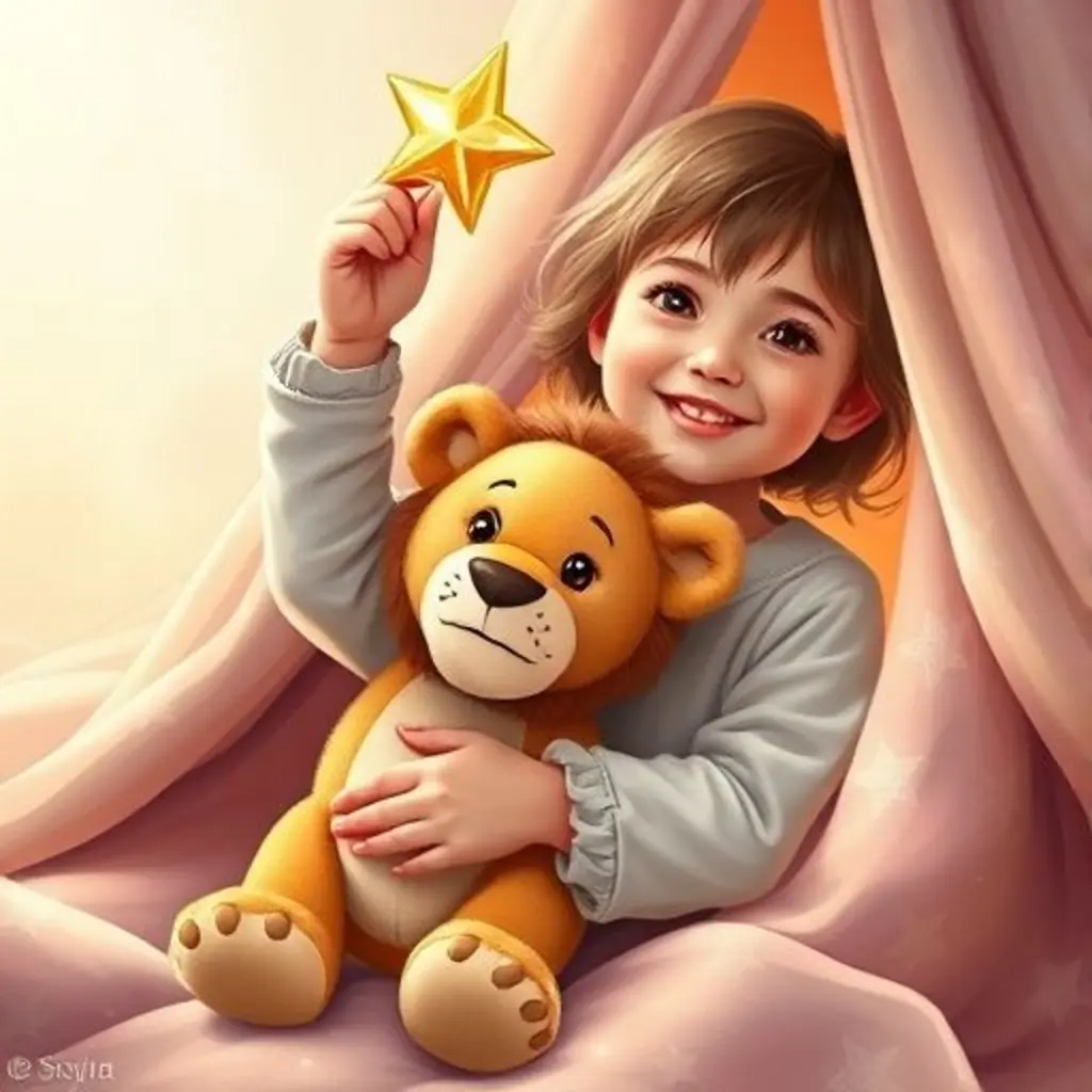 Sofía ayuda a Leo el león de peluche a poner una estrella en la cima de un castillo de mantas.