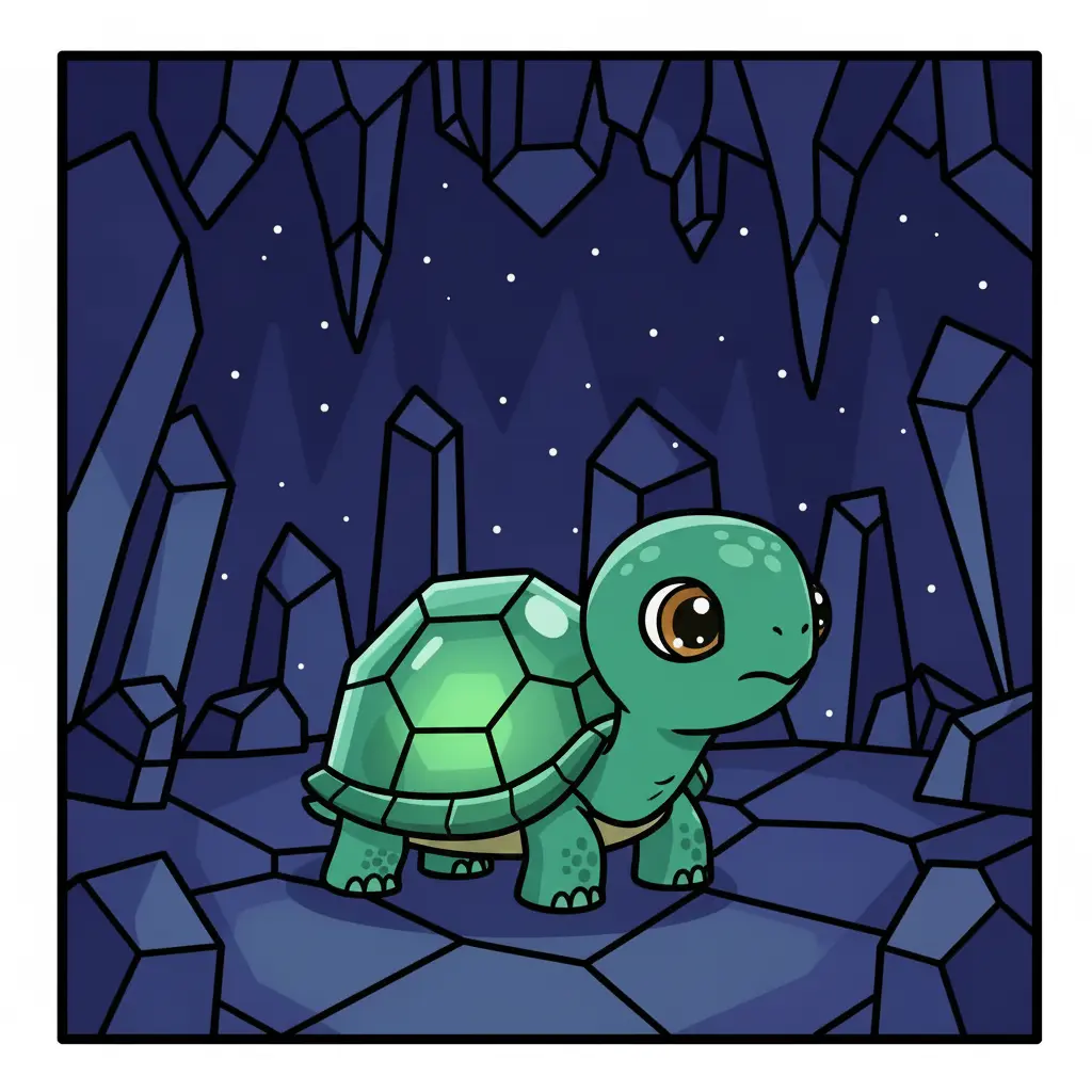 La tortuguita verde está completamente quieta sobre el suelo de la cueva.