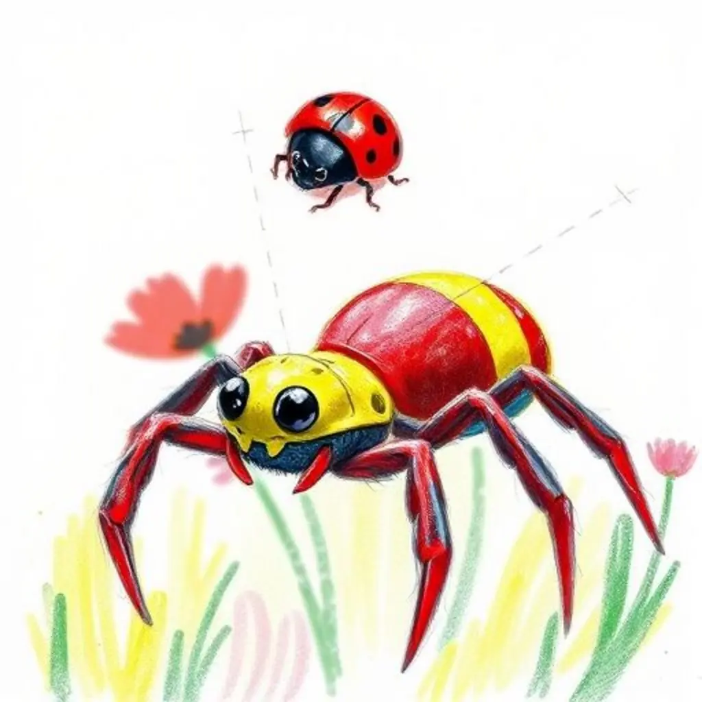 Tejita, la araña de juguete, toca una telaraña y ve el sueño de una mariquita.