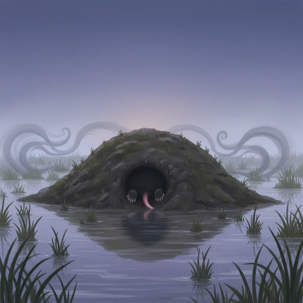 Un montículo de tierra fresca en un pantano neblinoso bajo la luz de la luna.