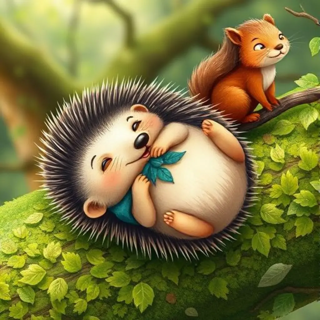 Púas rueda sobre un tronco cubierto de musgo, y unas semillas se pegan a sus espinas, mientras una ardilla lo mira asombrada.