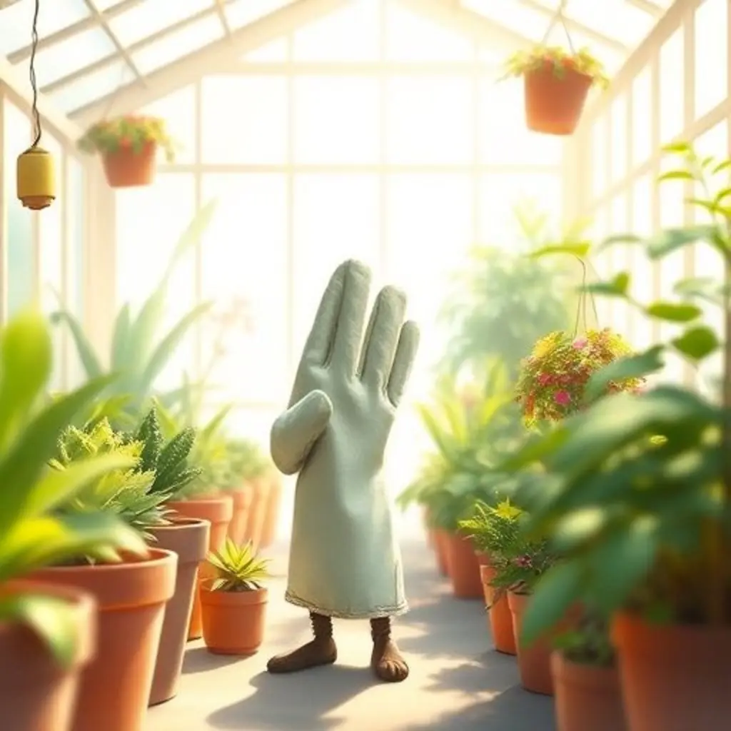 Dedito, un guante de jardín de un solo dedo, pensativo en un invernadero.