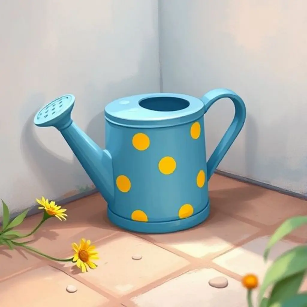 Gotitas intenta regar una margarita marchita, pero no sale agua.