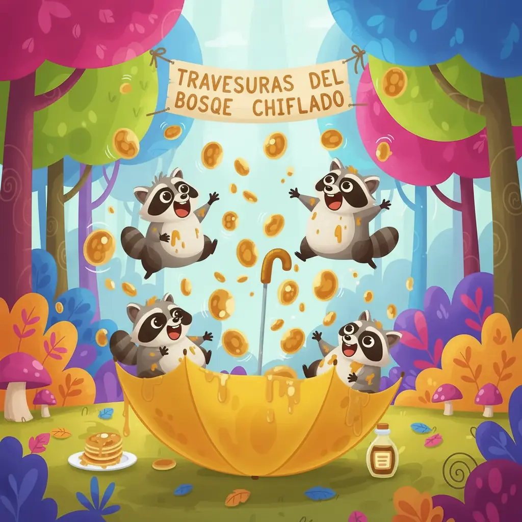 El paraguas suelta burbujas con olor a panqueques, sorprendiendo a los mapaches.