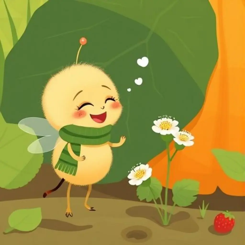 Blip, feliz, huele unas pequeñas flores blancas de fresa silvestre en el huerto escolar.