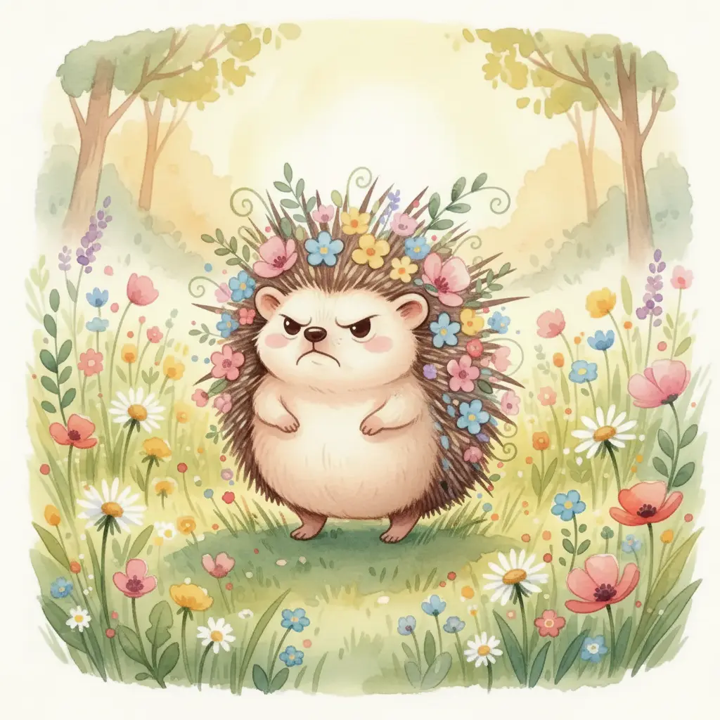 Un erizo gruñón y solo, con pinchos puntiagudos, en un prado verde.