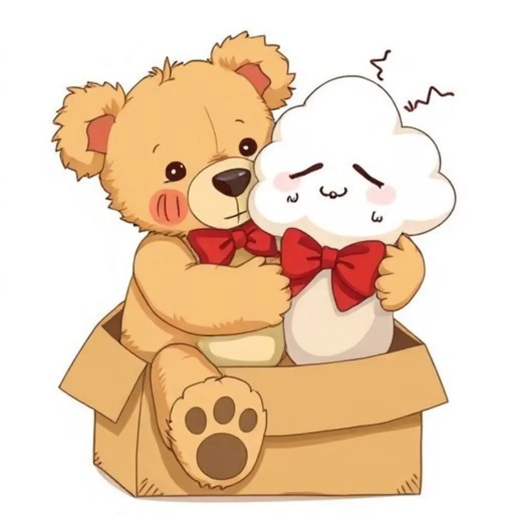 Miel, el oso de peluche, frotándose contra una nube que flota y pedalea en el aire.