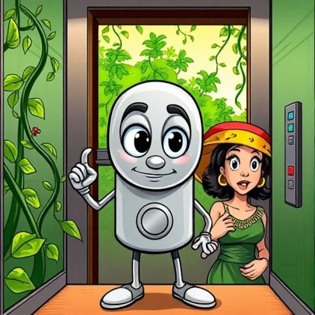 El ascensor se transforma en un bosque verde, con pasajeros asombrados.