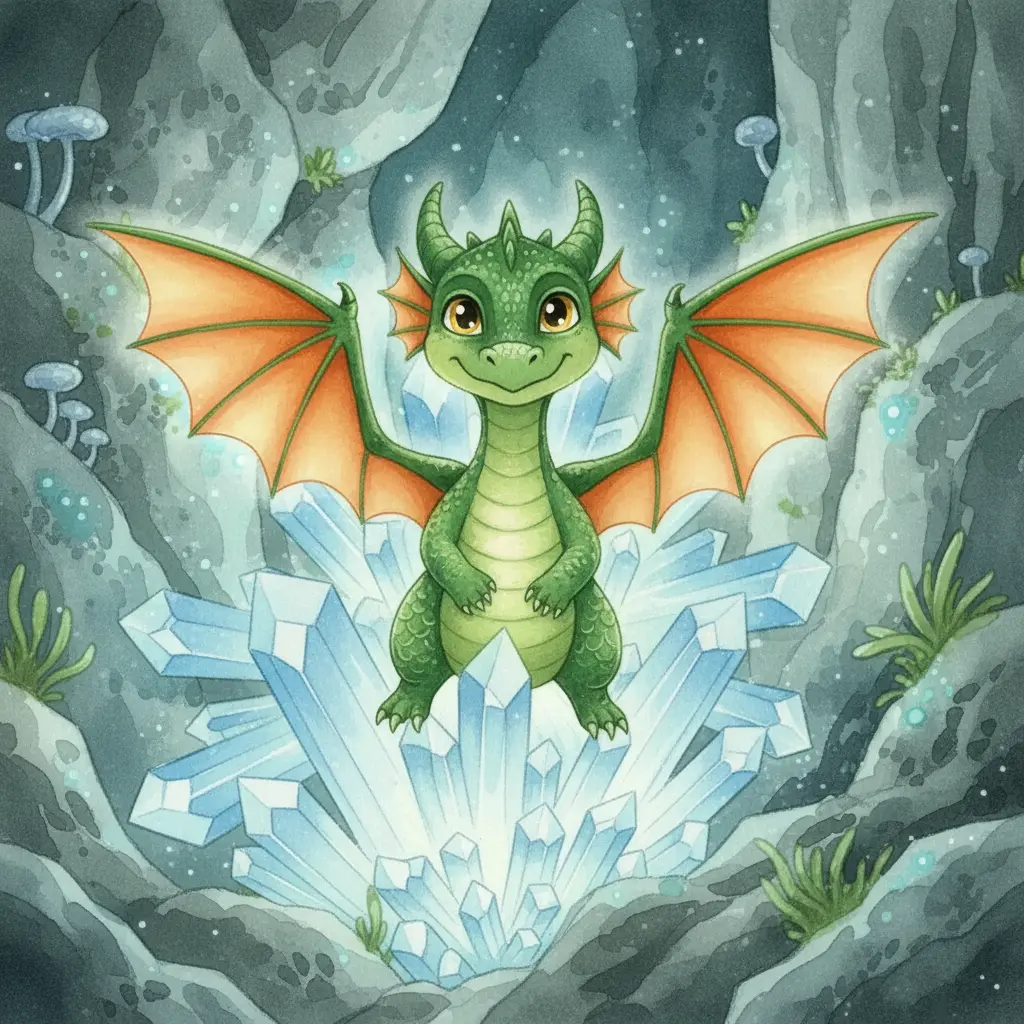 Un dragón verde esmeralda con alas naranjas y ojos grandes sonríe feliz en su cueva.