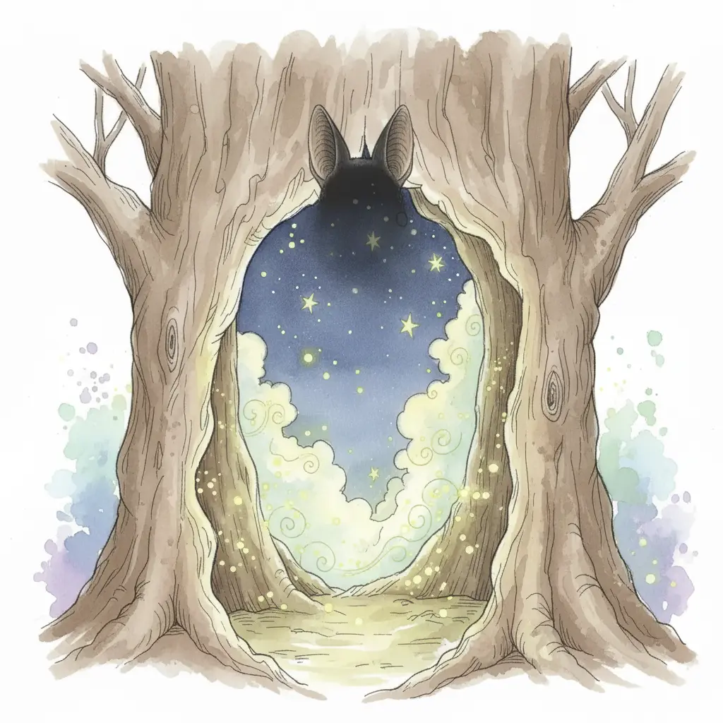 Dos orejas grandes y puntiagudas asoman desde la sombra dentro de un tronco.