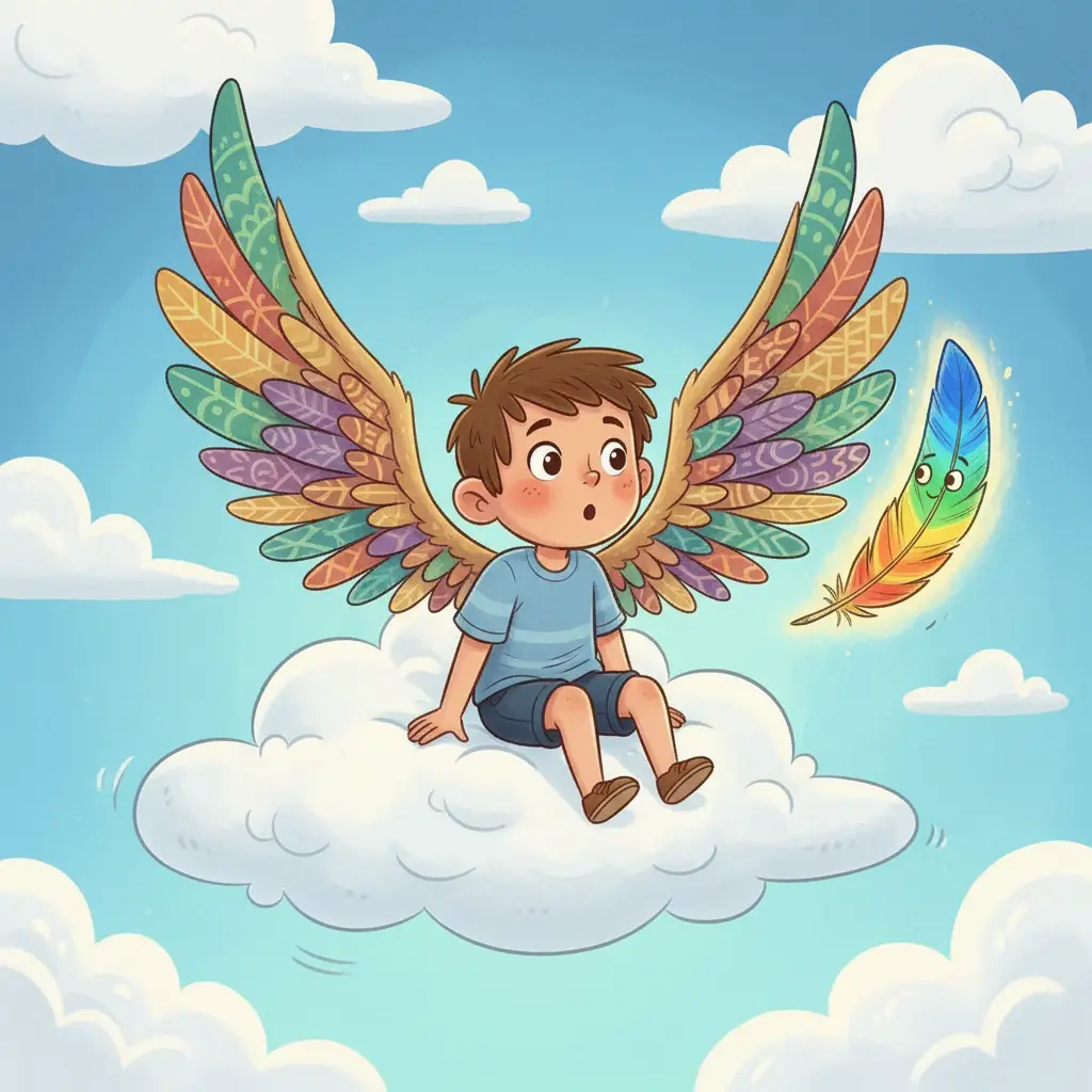 Ícaro, con sus alas grandes y suaves, ve cómo una pluma se suelta y flota con alegría.