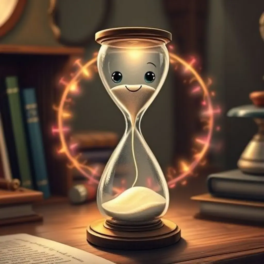 Arenita, el reloj de arena, brillando con confianza mientras la arena se prepara para volver a subir.