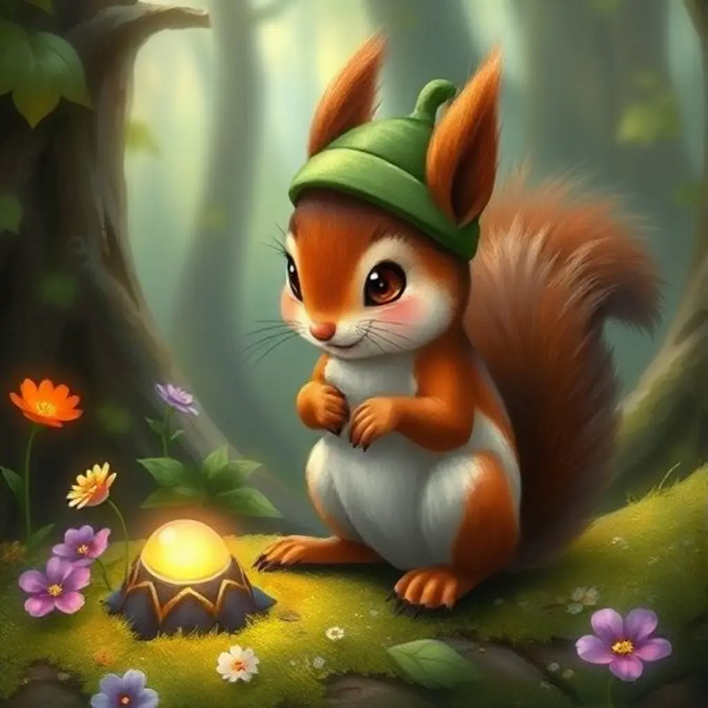 Pip la ardilla descubre un objeto brillante en el suelo del bosque.