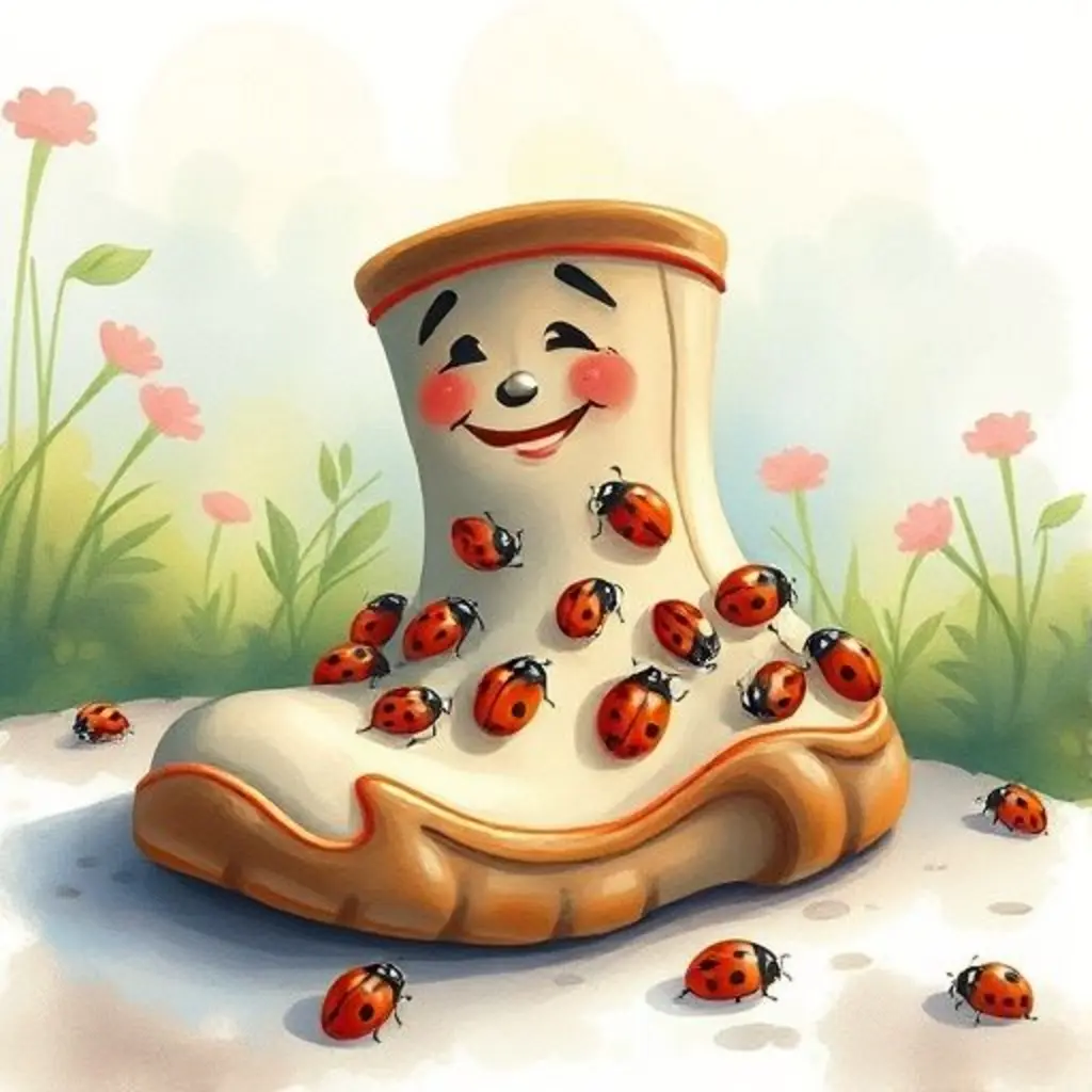 Grumpy el zapato, contento y lleno de mariquitas, bajo la luz del atardecer.