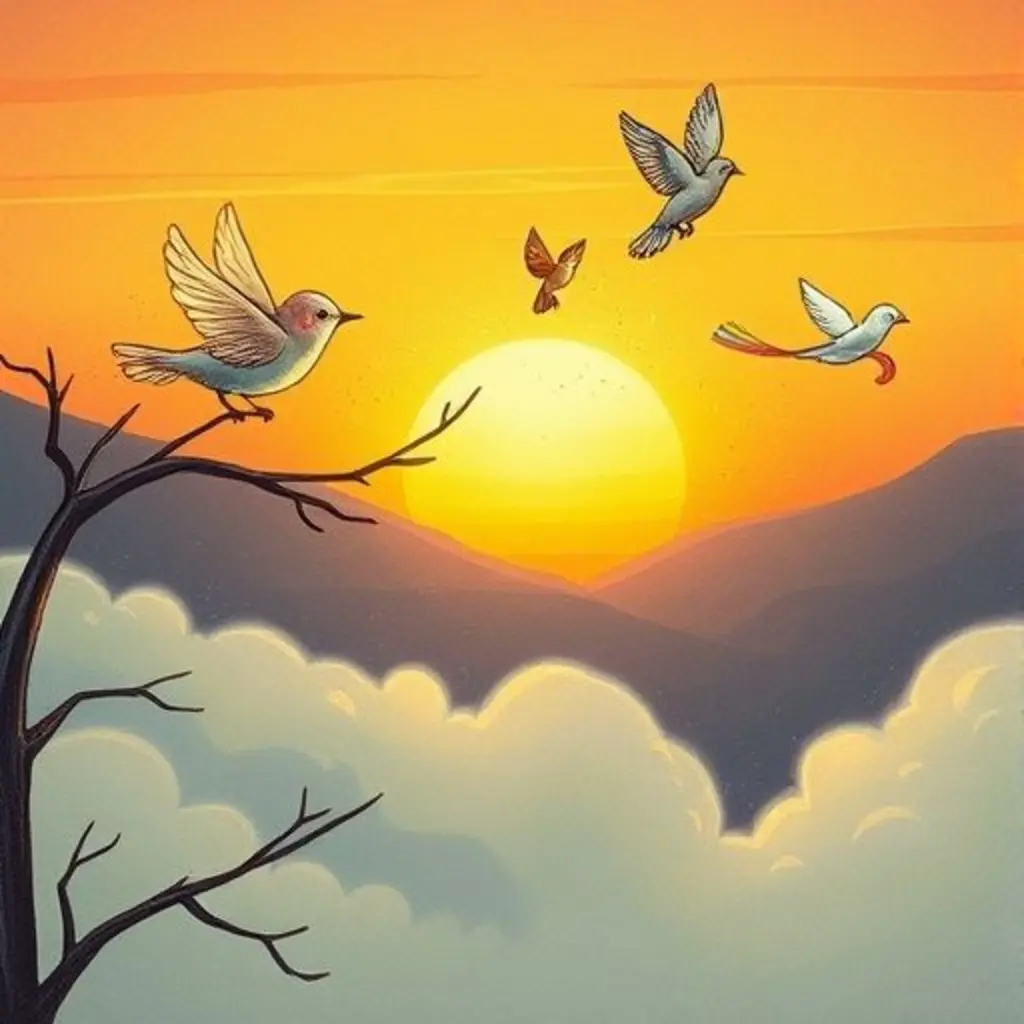 Torbellino mueve la rama, crea arcoíris grandes y bonitos para los pájaros que vuelan felices.