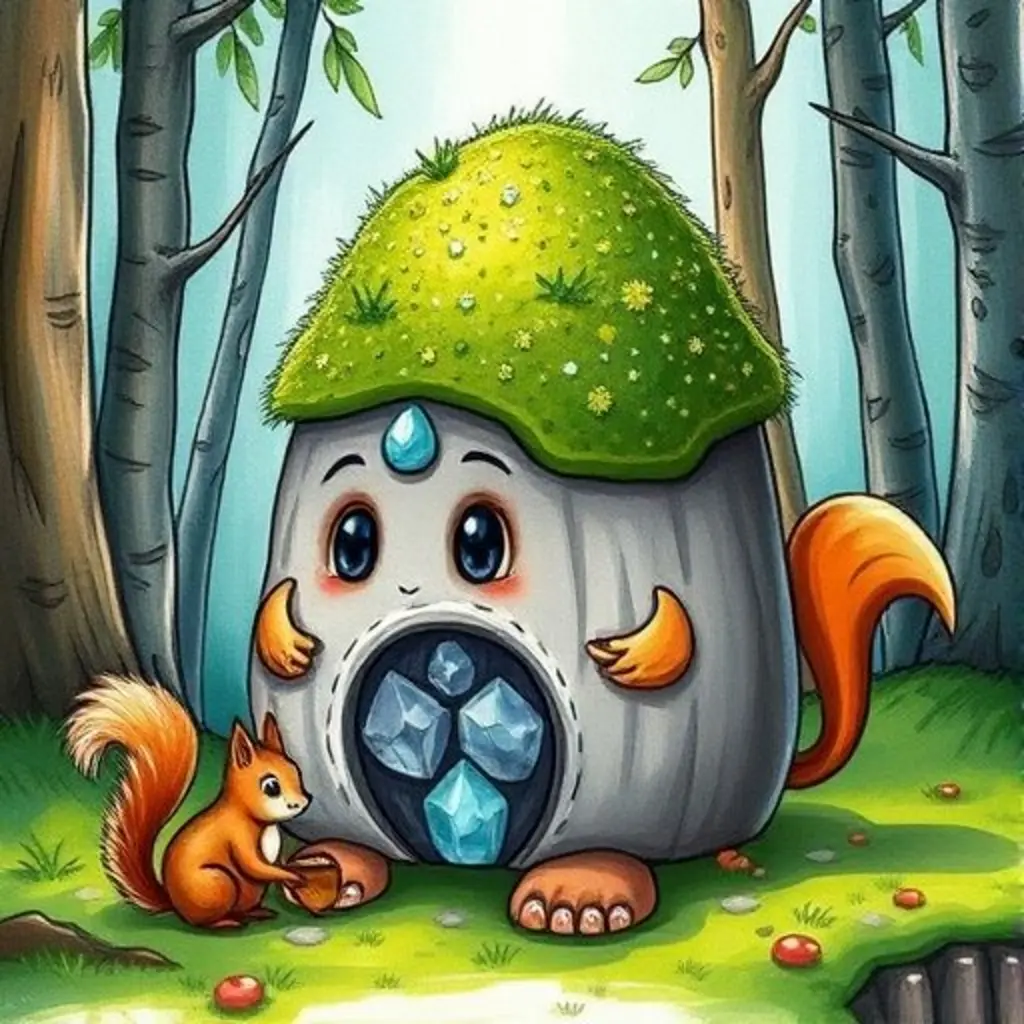 Gudolf, una pequeña montaña tímida, con una ardilla Chispa que le ofrece una bellota.