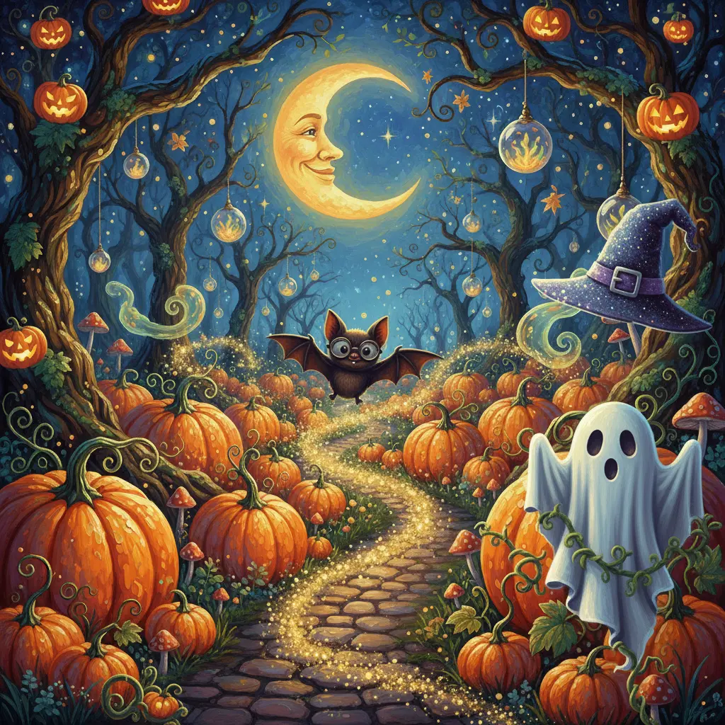 Pip vuela por un bosque mágico de calabazas, siguiendo un rastro de purpurina. Ve un disfraz de fantasma enredado en una rama y un sombrero de bruja colgando.