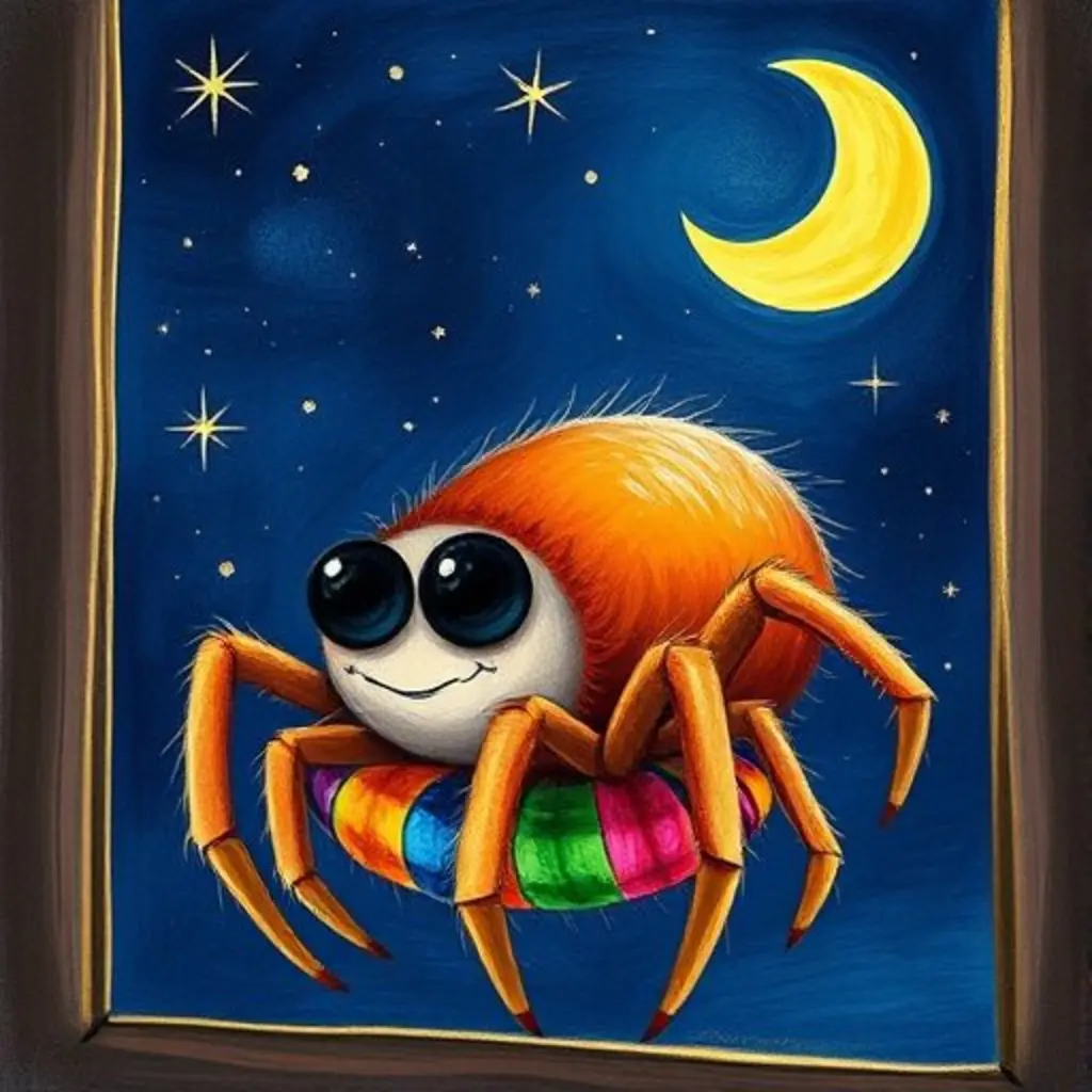 Patitas descansa en su tapiz de arcoíris bajo la luna y las estrellas.