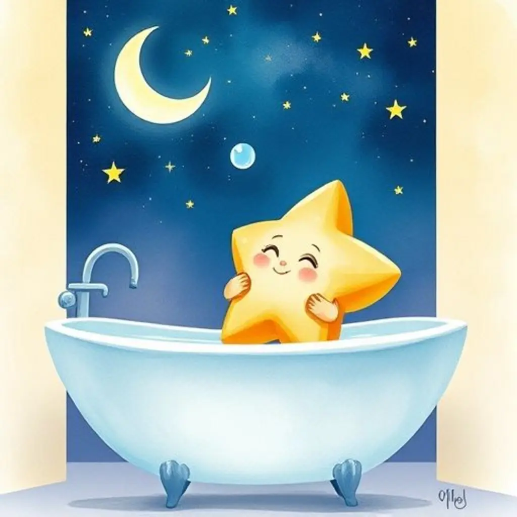Estrellita Jabonosa, una esponja en forma de estrella, mira la luna y las estrellas mientras una burbuja flota.