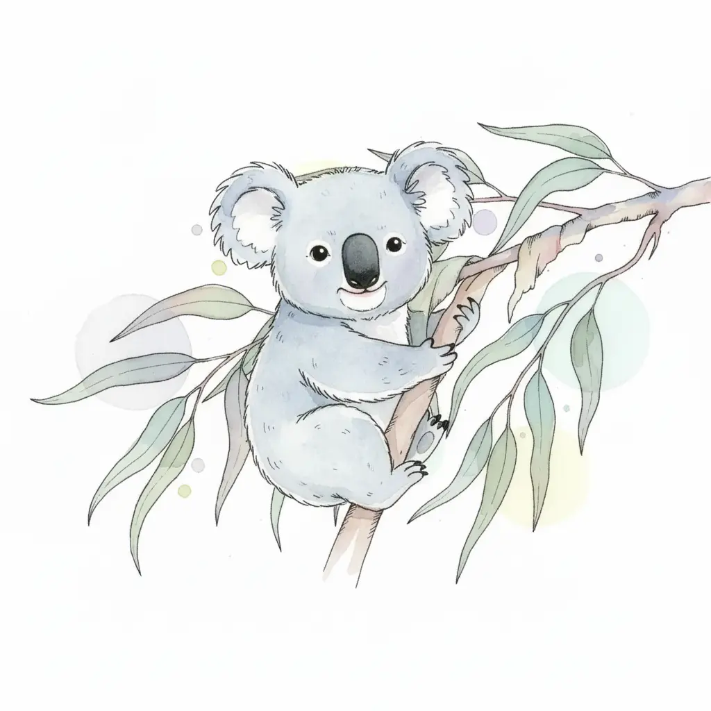 Un koala tierno con nariz negra abraza la rama del eucalipto bajo la luna.