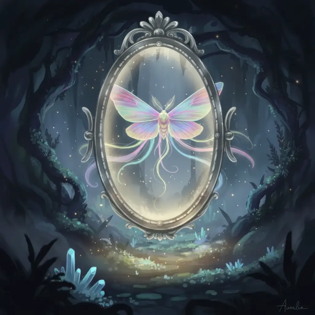 Aura mirándose en el espejo, descubriendo un color único y nuevo en sus alas.