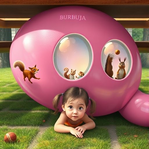 Burbuja estirada con tres ventanas mágicas, mostrando un perro, ardillas y niños.