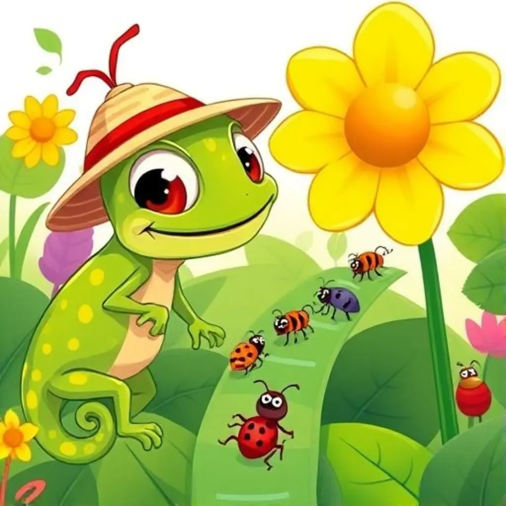 Camu feliz viendo a los insectos seguir sus mensajes de colores.