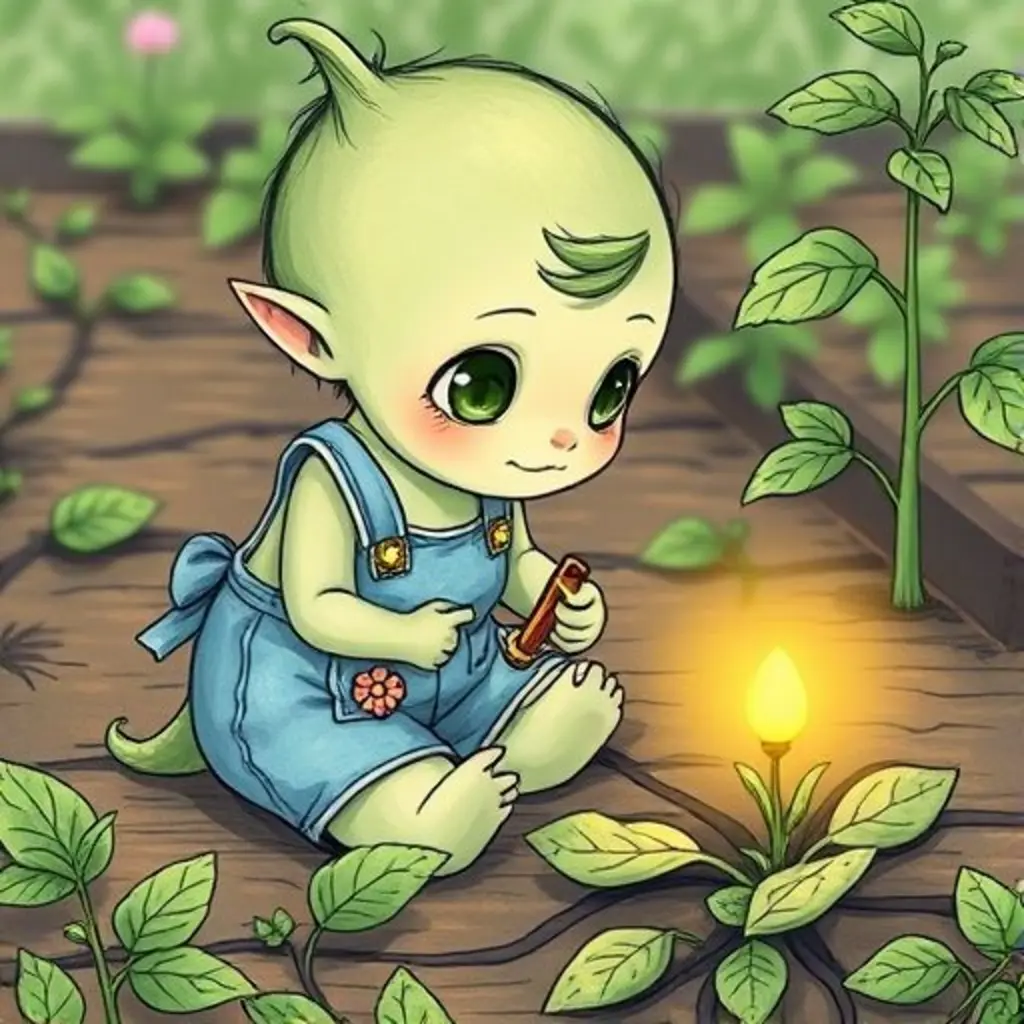 Kiki se acerca a una pequeña semilla brillante entre las raíces.