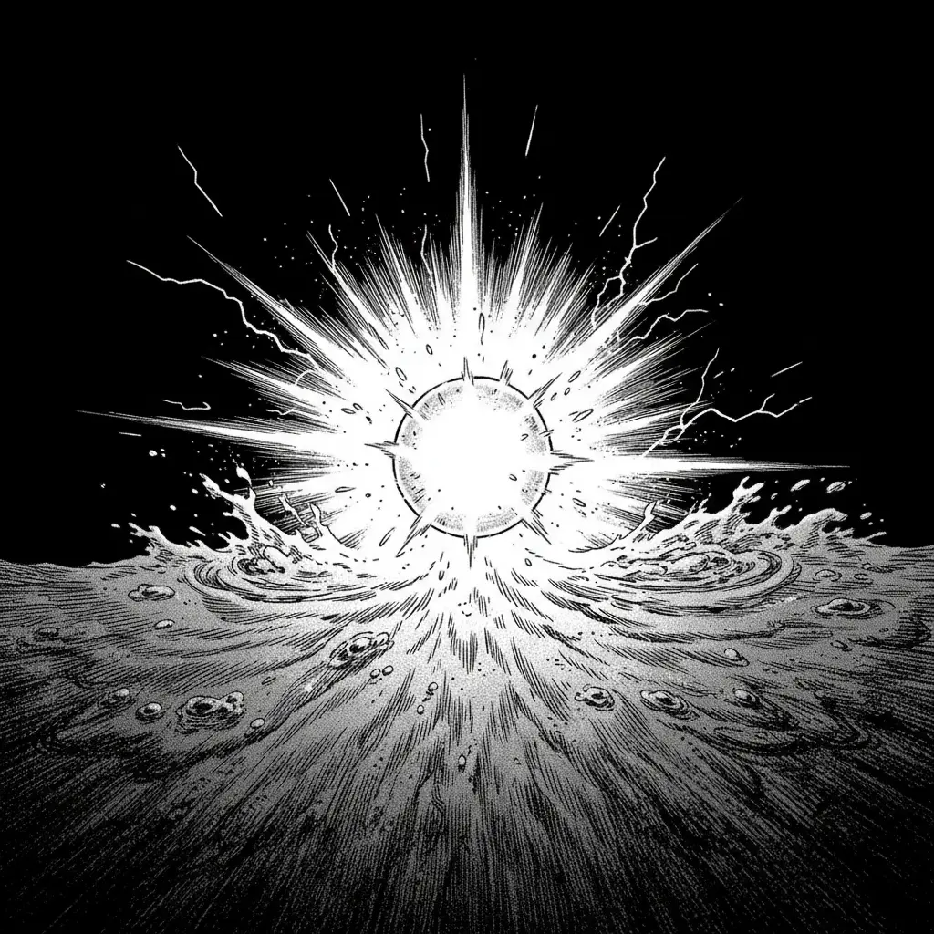 Una pequeña burbuja de luz brillando intensamente en la oscuridad del agua.