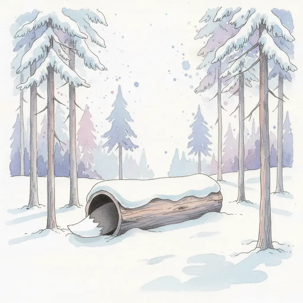 Una escena de bosque nevado con un tronco hueco donde solo asoma la punta blanca de una cola peluda.