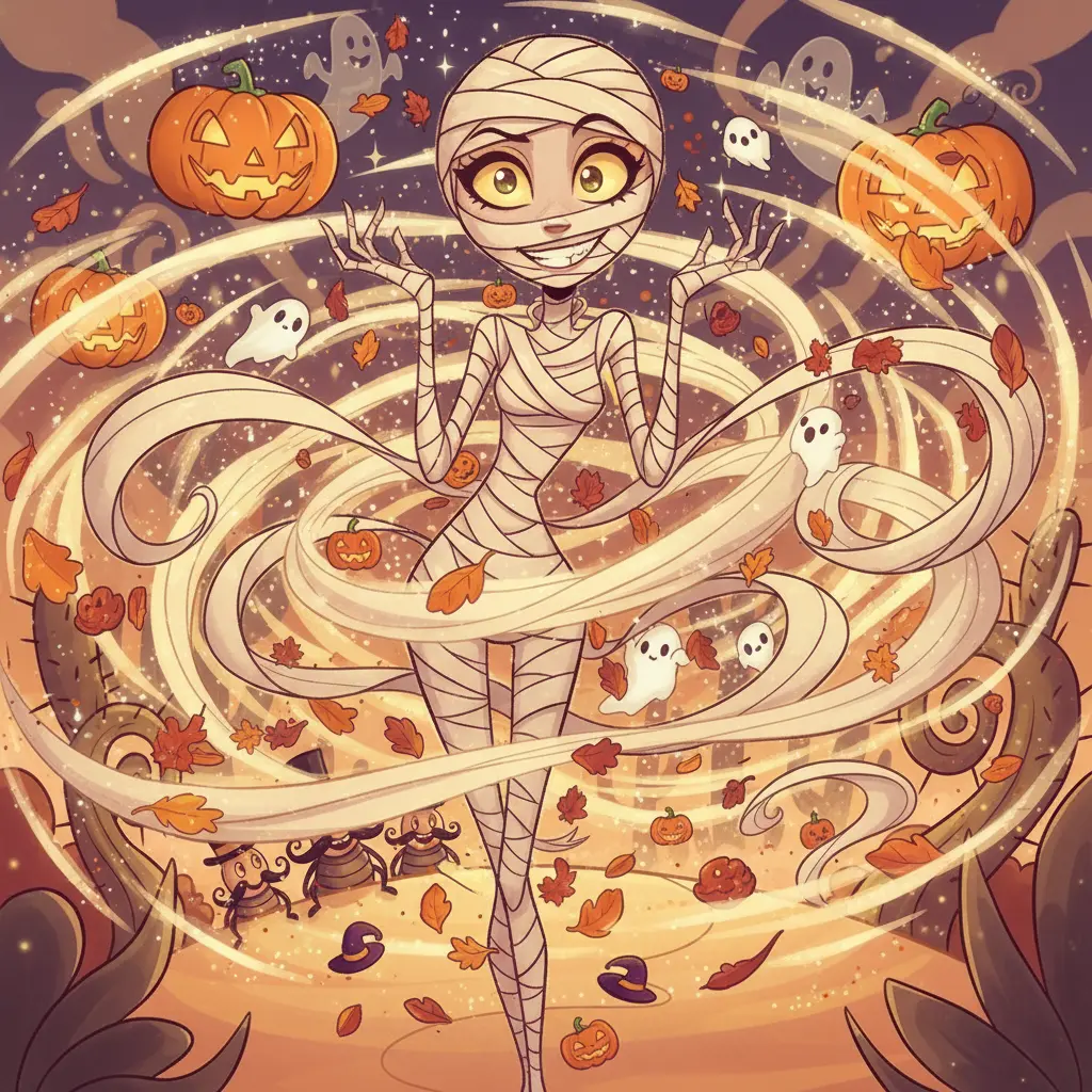 Momilina es arrastrada por un viento juguetón, sus vendas se estiran como cintas infinitas mientras gira en el aire.