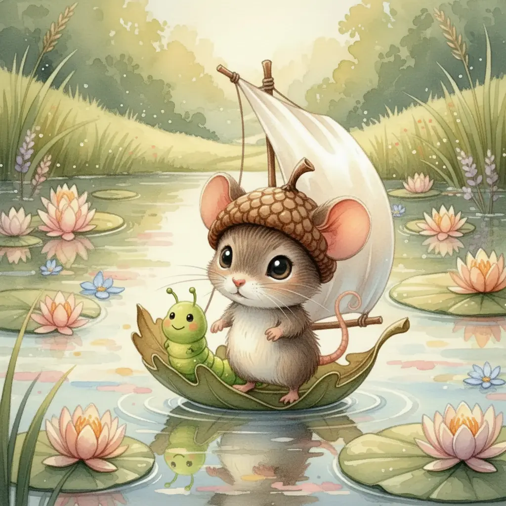 Roco y Cati navegando juntos en su barquito con la vela de seda, rodeados de nenúfares.