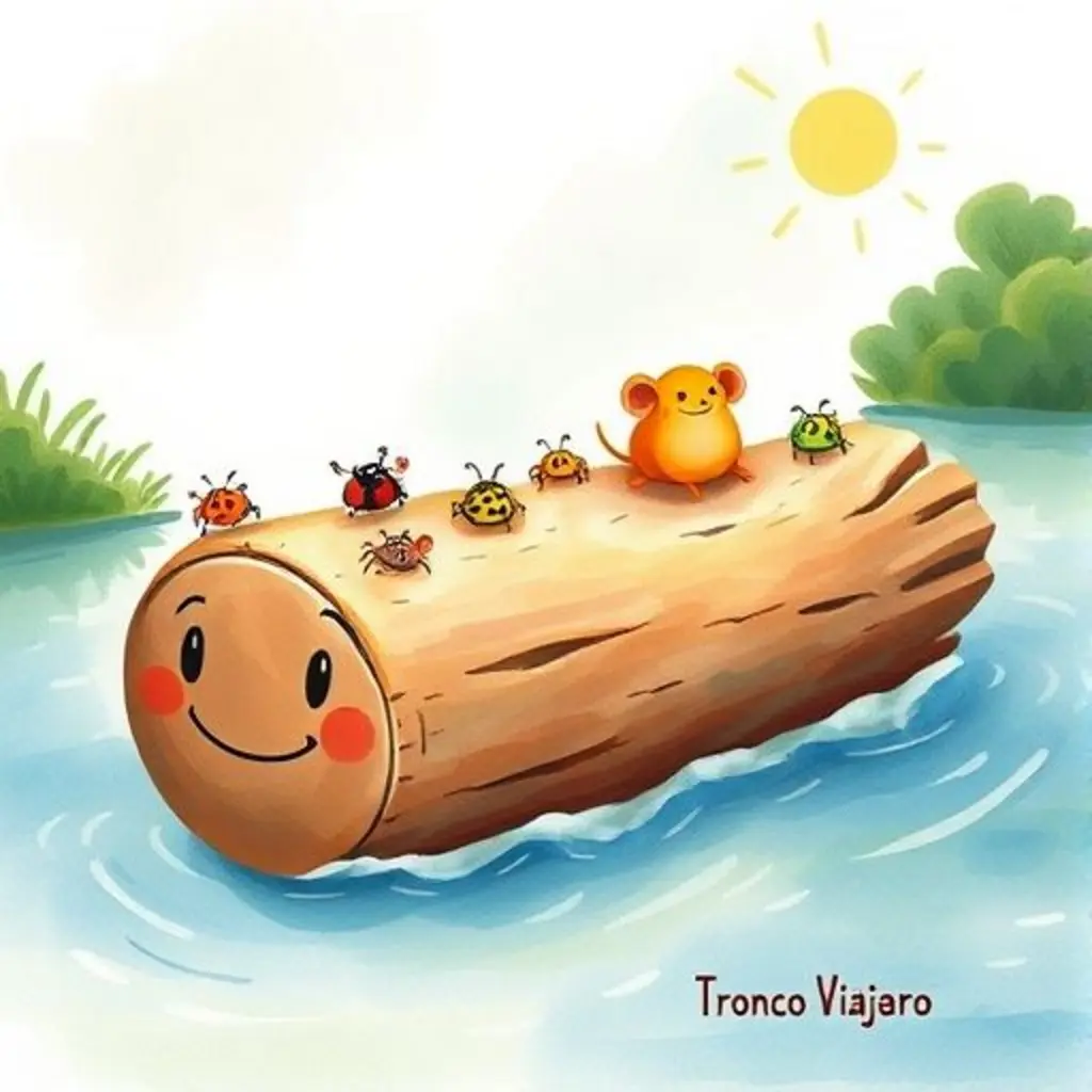 Tronco Viajero navega felizmente con todos sus pequeños amigos animales, formando un pueblo flotante.