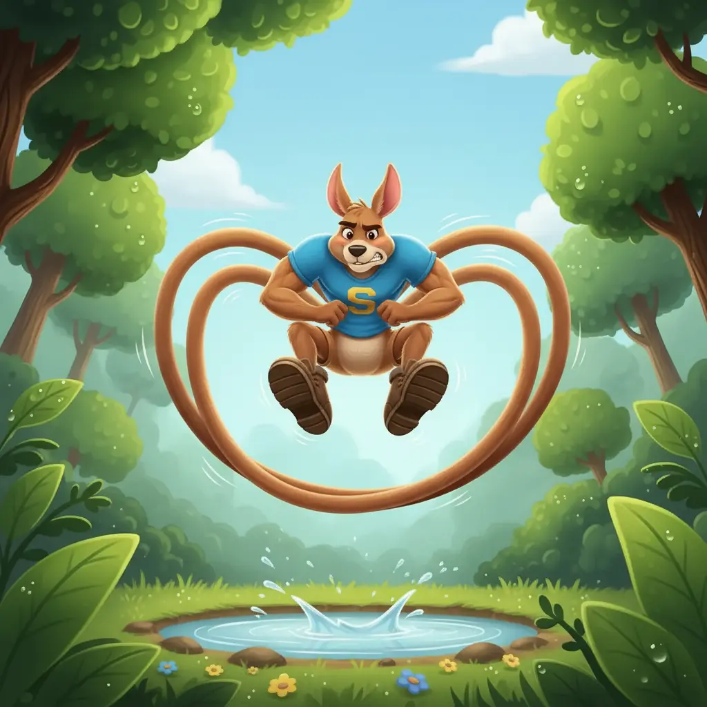 Saltarín, un canguro de patas muy largas y elásticas, se prepara para saltar un charco.