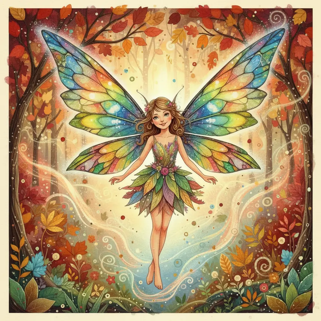 Lyra la pixie flota con gracia con sus nuevas alas de hoja, explorando los senderos cambiantes del bosque mágico.